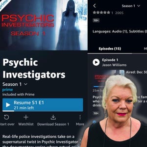 Puede incluir: Una captura de pantalla de la aplicaci&oacute;n Amazon Prime Video que muestra el programa "Psychic Investigators" con una mujer con una camiseta sin mangas negra sobre un fondo blanco. El programa se describe como una serie documental donde las investigaciones criminales reales toman un giro sobrenatural. El episodio se titula "Episodio 1: Jason Williams" y se emiti&oacute; el 30 de diciembre.