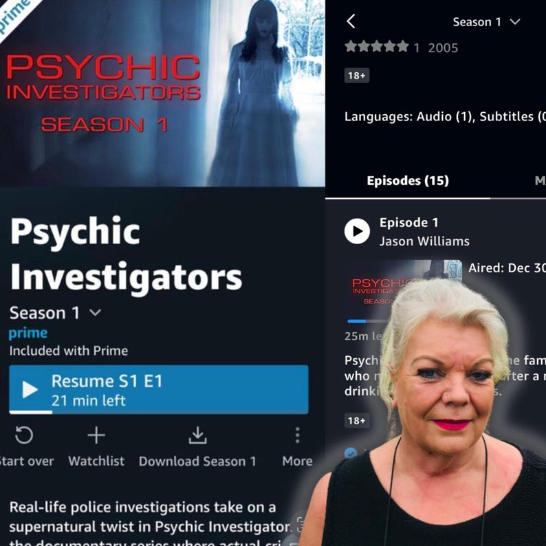Puede incluir: Una captura de pantalla de la aplicaci&oacute;n Amazon Prime Video que muestra el programa "Psychic Investigators" con una mujer con una camiseta sin mangas negra sobre un fondo blanco. El programa se describe como una serie documental donde las investigaciones criminales reales toman un giro sobrenatural. El episodio se titula "Episodio 1: Jason Williams" y se emiti&oacute; el 30 de diciembre.