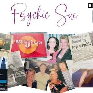 May include: A collage of images featuring a woman named Psychic Sue. The images include newspaper clippings, a television show logo, and personal photos. The text in the images includes "Small screen psychic", "Woman is found by top psychic", "The Paul O'Grady Show", and "Psychic Investigators".