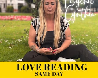 May include: A woman with long blonde hair sits on grass, wearing a black top with white striped accents. The image includes the text "Psychic Cynthia" and "LOVE READING SAME DAY" in a yellow banner.