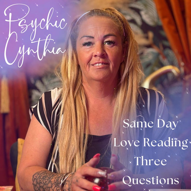 May include: Image features a woman with long blonde hair, wearing a black and white striped top. Text overlay reads "Psychic Cynthia" and "Same Day Love Reading - Three Questions."