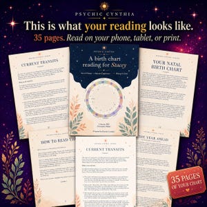 May include: A 35-page digital or printable birth chart reading by Psychic Cynthia. The document features a central circular astrological chart, floral illustrations, and text including 'A birth chart reading for Stacey', 'Current Transits', and 'Your Natal Birth Chart' on a cream background.