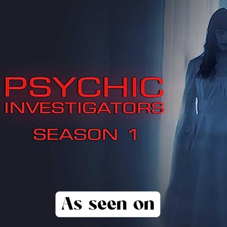 Puede incluir: Un p&oacute;ster para la serie de televisi&oacute;n "Psychic Investigators" con el texto "Temporada 1" y una figura fantasmal con un vestido blanco.