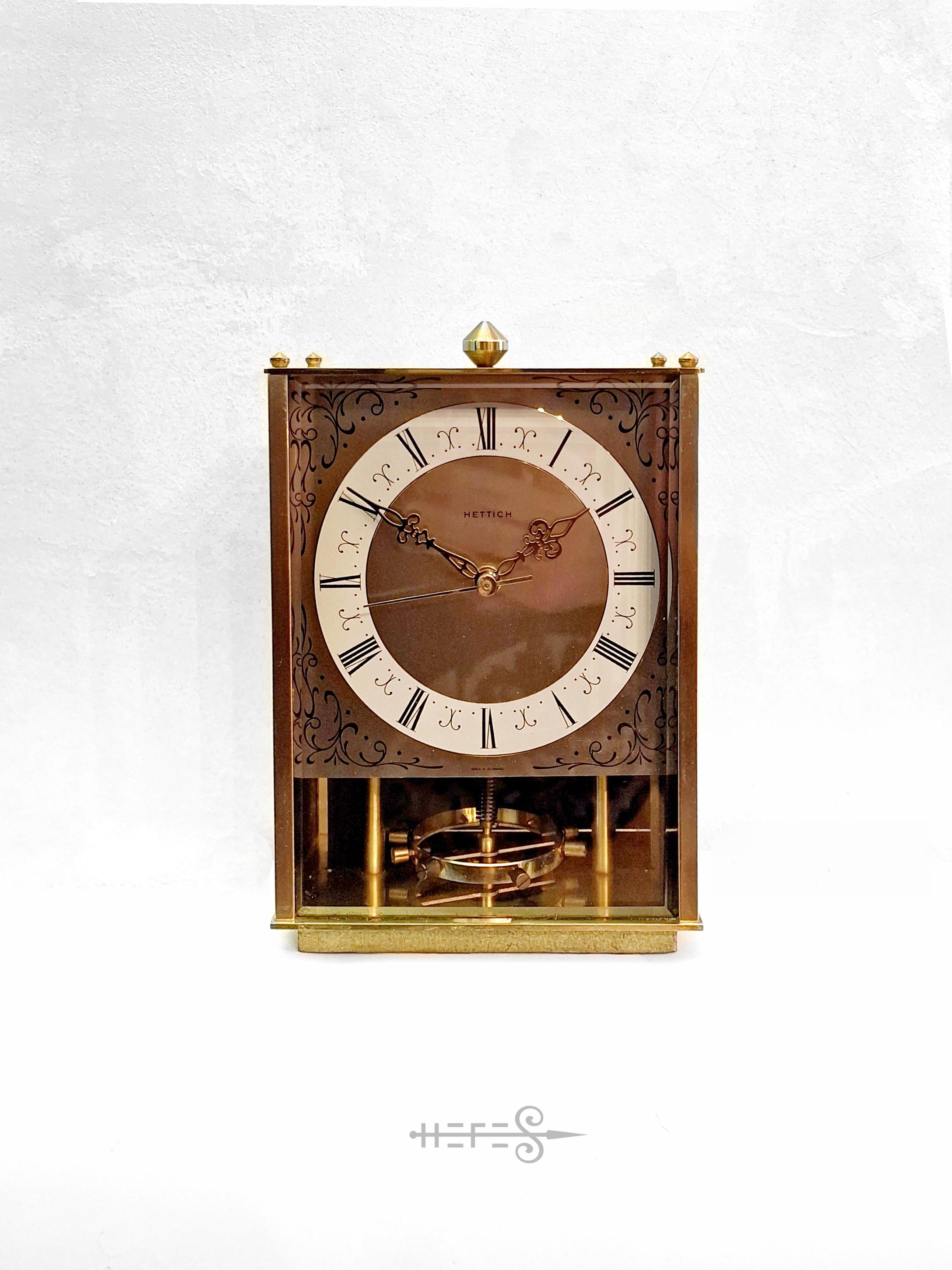 Vintage Hettich Table Clock: 1960s Brass Mechanical Pendulum