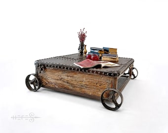 Antique Industrial Coffee Table 120 Year Old Reclaimed Factory Cart Riveted Steel & Oak Heritage Furniture Large Statement Piece