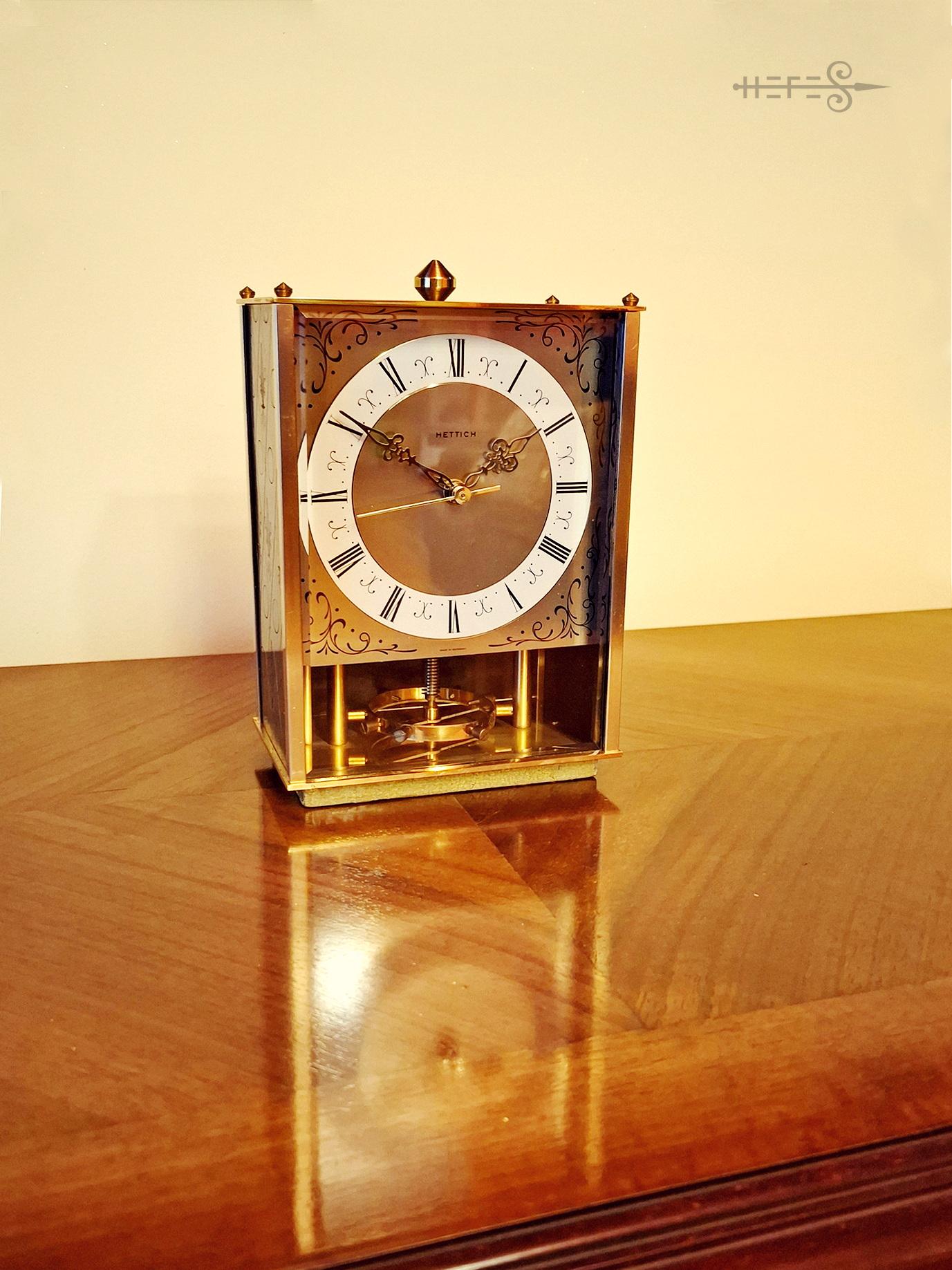 Vintage Hettich Table Clock: 1960s Brass Mechanical Pendulum
