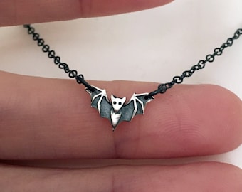 Small Bat Necklace, Black Chain, Oxidized Sterling Silver, Halloween, Spooky, Witchy, Gift For Witch
