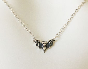 Small Bat Necklace, Mini Charm, Oxidized Silver, Sterling Silver, Adjustable Chain, Halloween Necklace, Bat Lover Gift, Tiny Small Delicate