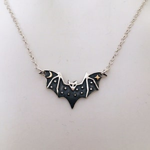 Bat Necklace, Sterling Silver, Mixed Metal, Spooky, Halloween Jewelry, Bronze Star and Moon, Witch, Gift For Her, Small Cute, Witchcraft