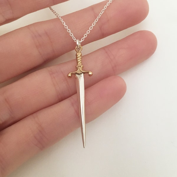 Dagger Necklace, Sterling Silver, Mixed Metal, Bronze, Tiny Sword, Knife Necklace, Delicate Dainty, Gift For Her