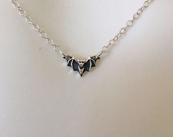 Tiny Bat Necklace, Micro Charm, Oxidized Silver, Sterling Silver, Adjustable Chain, Halloween Necklace, Bat Lover Gift, Mini Small Delicate