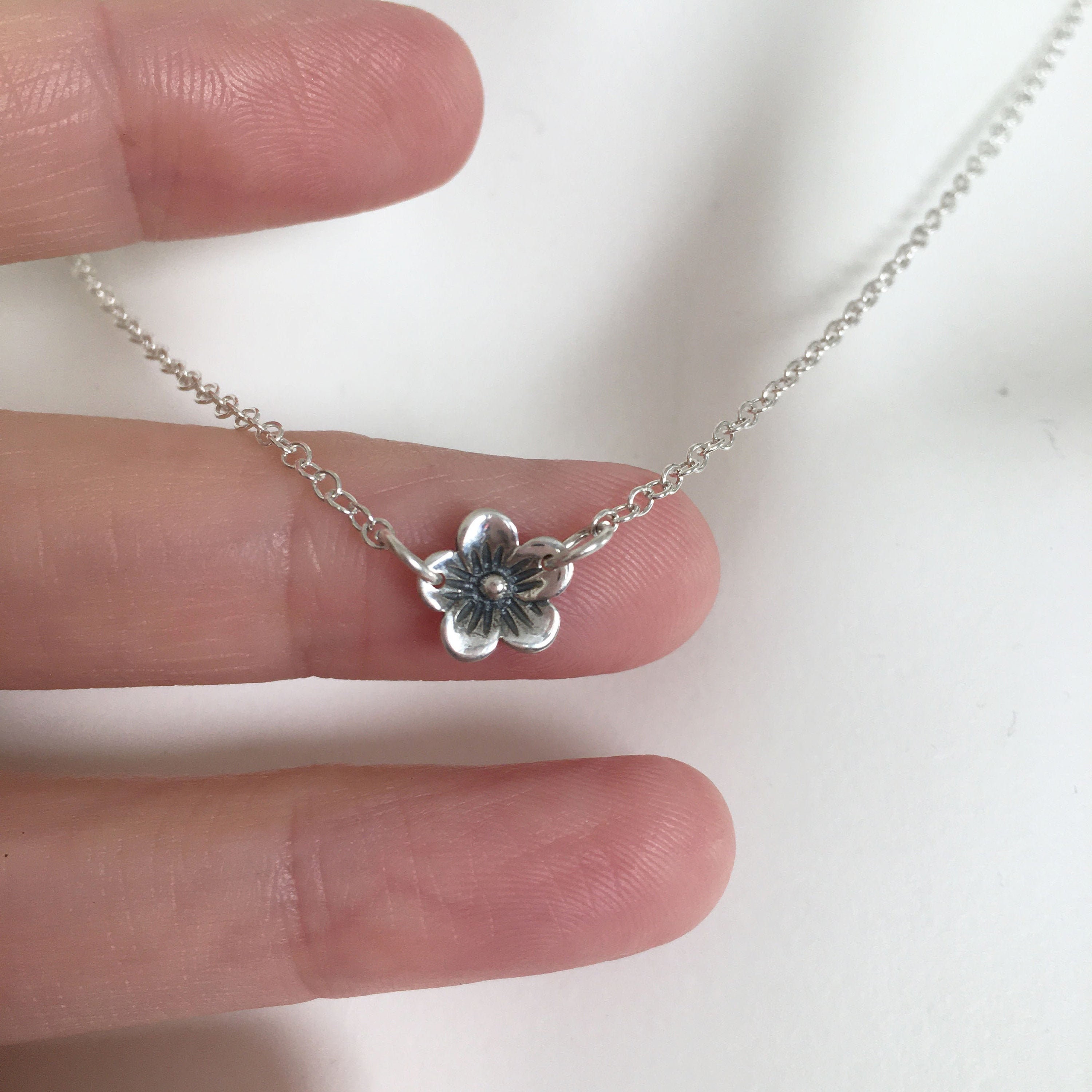 Tiny Cherry Blossom Necklace, Sterling Silver, Adjustable Chain, Gift For Her, Floral, Flower Charm, Delicate, Small Dainty, Spring, Bloom