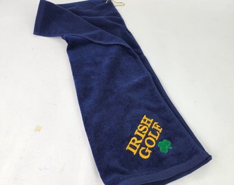 Irish Golf Towel 16 x 25 with clip cotton Blue Embroidered Lucky