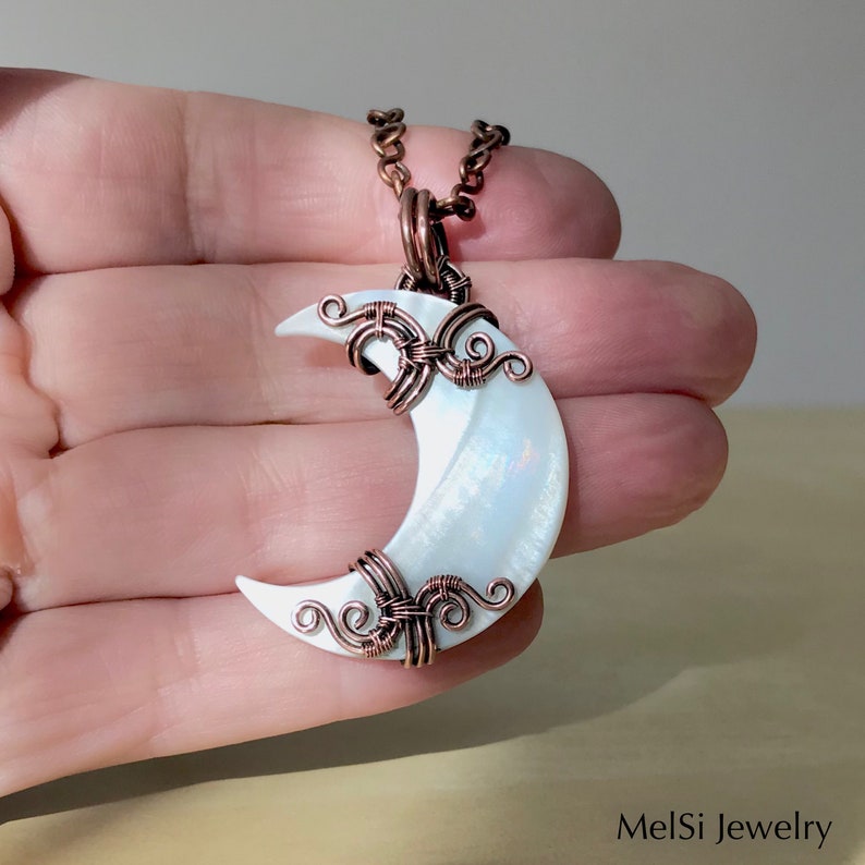 Moon Necklace. Mother of Pearl. Wire Wrapped Jewelry. Copper Etsy