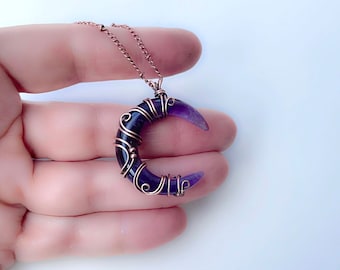 Beautiful gemstone moon necklaces. Handmade copper jewelry. Wire wrapped moon pendant. Moon amulet necklace.