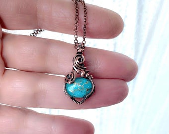 Beautiful copper turquoise pendant. Handmade copper jewelry. Wire wrapped gemstone. Elven jewelry.