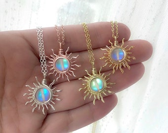 Mystical aura sunburst necklace. Wire wrapped sunburst necklace. Handmade jewelry. Boho jewelry. Hippie sunburst necklace. Gift for her.