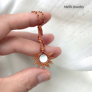 Mother of pearl sunburst necklace. Handmade copper jewelry. Wire wrapped sun. Mother of pearl pendant. Hippie necklace. Gift for her.