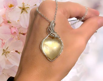 Unique Lepidolite heart pendant. 925 Sterling silver wire wrapped lepidolite necklace. Golden lepidolite pendant. Gift for her.