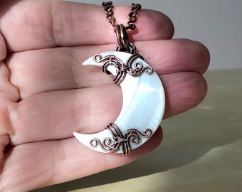 Moon necklace. Mother of pearl. Wire wrapped jewelry. Copper wedding gift. Copper jewelry. Half moon necklace. Gift for girlfriend. handmade