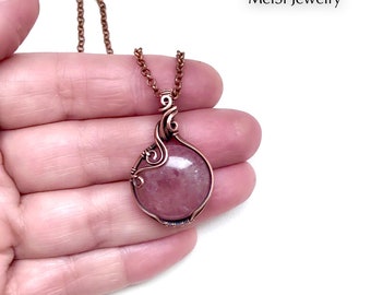 Strawberry quartz necklace. Copper jewelry. Wire wrapped stone pendant. Hippie necklace. Boho jewelry. Birthday gift. Gift for her.