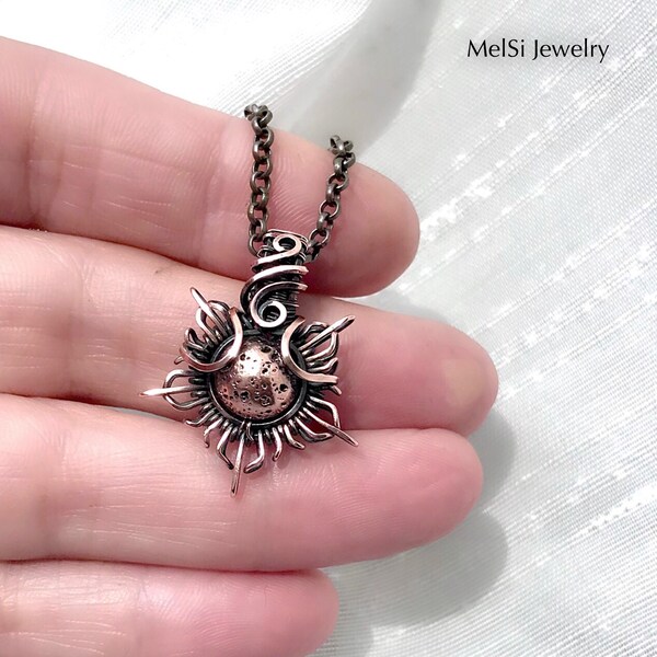Lava rock sun necklace. Copper jewelry. Wire wrapped sun. Hippie sun necklace. boho jewelry. Gift for women. Gift for her.