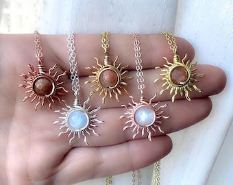 Sun-stone & Moon-stone sunburst necklaces. Wire wrapped sunburst pendant. Handmade jewelry. Hippie sun necklace. Boho jewelry.