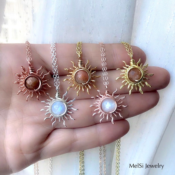 Sun-stone & Moon-stone sunburst necklaces. Wire wrapped sunburst pendant. Handmade jewelry. Hippie sun necklace. Boho jewelry.