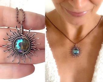 Mystic topaz sun pendant. Handmade copper jewelry. Wire wrapped sun. Boho jewelry. Gift for her.