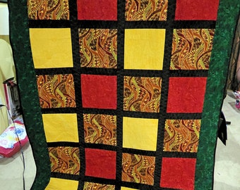 Handmade, African print quilt, quilted throw, metallic Kente fabric, large quilt