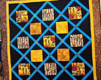 Handmade quilt, African fabric, large throw quilt, bed size