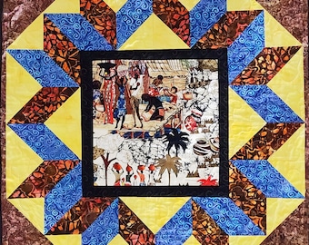 African quilted table topper, handmade quilt, African fabric, batik fabric, wall hanging