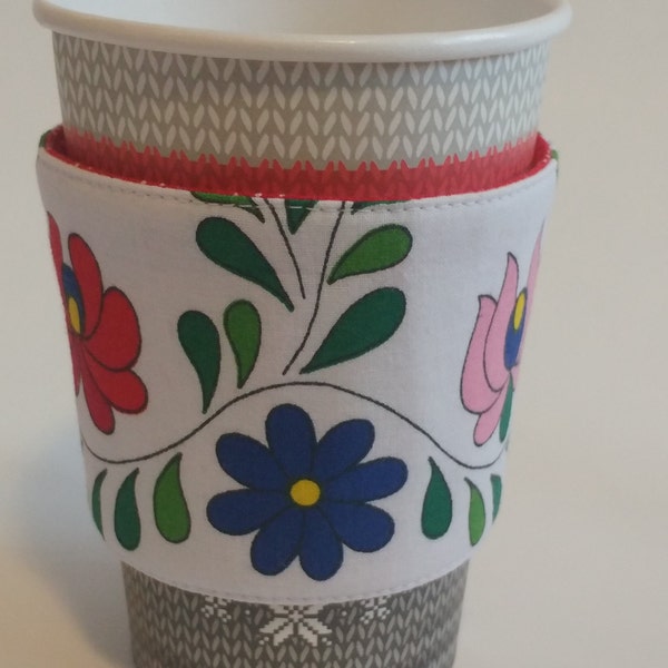 Coffee Cozy with Kalocsa Flower Motif, Fabric Coffee Sleeve, Coffee Cozy, Floral Cup Sleeve, Tea Cup Cozy
