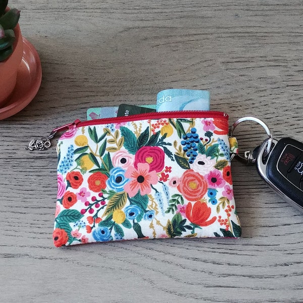 Floral Key Chain Pouch Wallet, Coin Purse, Business Card Holder, ID Wallet, Earbud and Lip Balm Bag, Rifle Paper Co Fabric