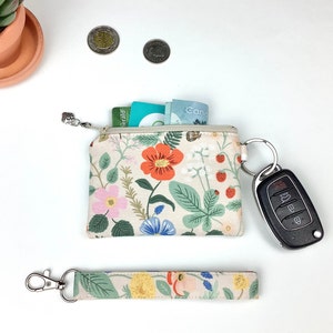 Floral/Strawberry Key Chain Pouch Wallet, Coin Purse, Business Card Holder, ID Wallet, Earbud and Lip Balm Bag, Rifle Paper Co Fabric