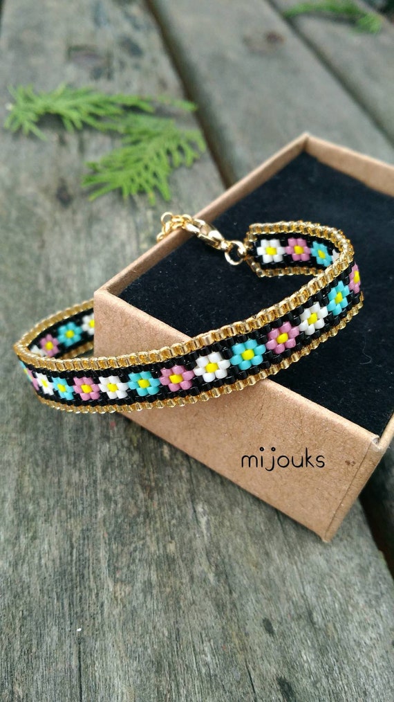 Adjustable Czech Glass Seed Bead Loom Bracelet, Handmade Beaded Bracelet