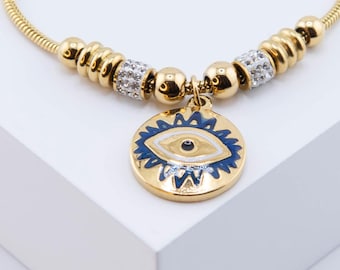 Gold Evil Eye Bracelet: Adjustable Charm with Crystal Accents