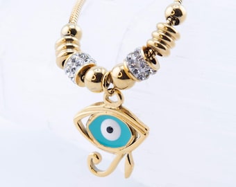 Gold Evil Eye Charm Bracelet: Adjustable Crystal Accents