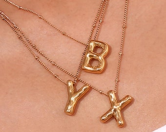 14K Gold Plated Bubble Letter Necklace: Personalized Initial Pendant.