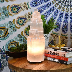 Handmade Selenite Crystal Lamp: Calming Bedside Table Lamp