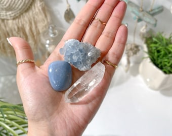 Healing Crystal Kit for Astral Travel, Angel Communication and Spirit Guides | Angelite | Celestite | Clear Quartz | Crystal Gift Set