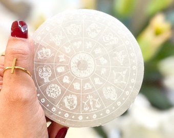 Selenite Charging Plate with Astrology / Zodiac Signs | Selenite Crystal | Selenite Charging Plate Etched | Selenite Charging Station