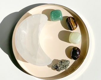 Wealth Attraction Crystal Set: Selenite Moon Bowl, Aventurine, Jade, Pyrite, Garnet, Tiger Eye