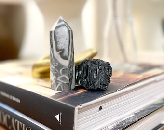 Thousand Eye Jasper Point and Black Tourmaline Chunk Crystal Combo for Grounding and Protection