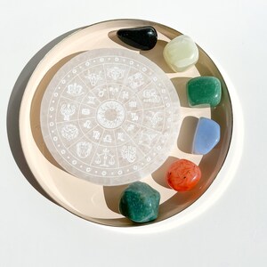 Virgo Crystal Set: Zodiac Selenite Plate, Agate, Jade, Aventurine, Onyx, Carnelian