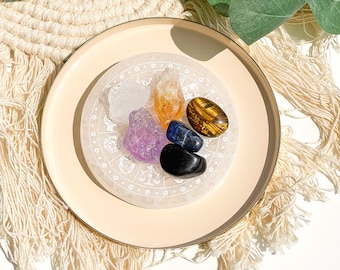 Sagittarius Crystal Kit: Zodiac Selenite Plate, Amethyst, Sodalite, Quartz
