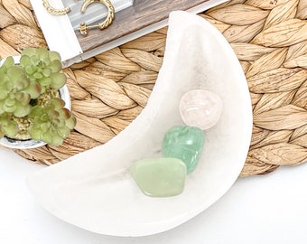 Selenite Moon Bowl: Crystal & Jewelry Holder, Energy Cleansing (4 inch)