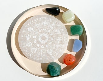 Virgo Crystal Set: Zodiac Selenite Plate, Agate, Jade, Aventurine, Onyx, Carnelian