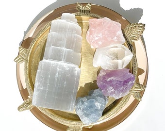 Selenite, Clear Quartz, Amethyst, Rose Quartz, and Celestite Healing and Serenity Crystal Set