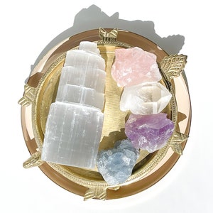 Selenite, Clear Quartz, Amethyst, Rose Quartz, and Celestite Healing and Serenity Crystal Set